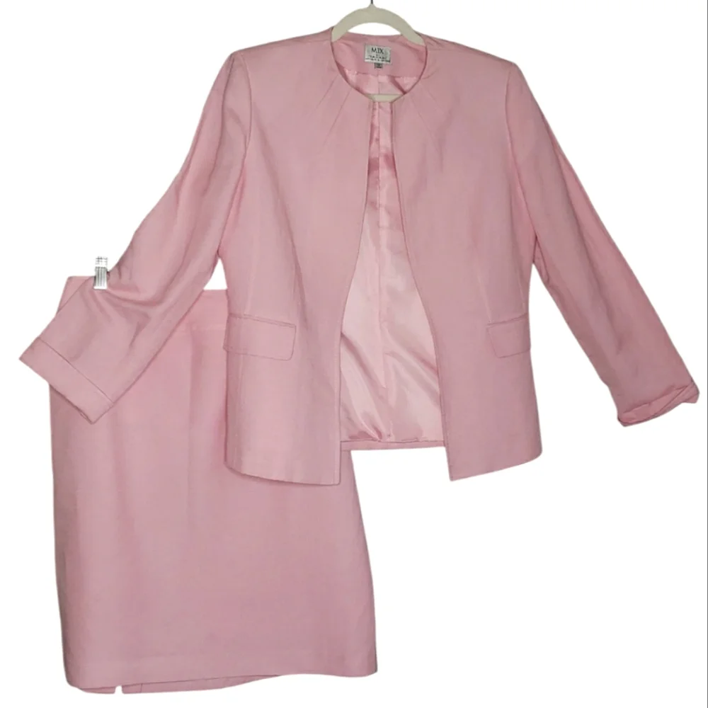Tahari Mix Linen Blend Baby Pink Blazer Jacket Skirt Set Wedding Event Church 10